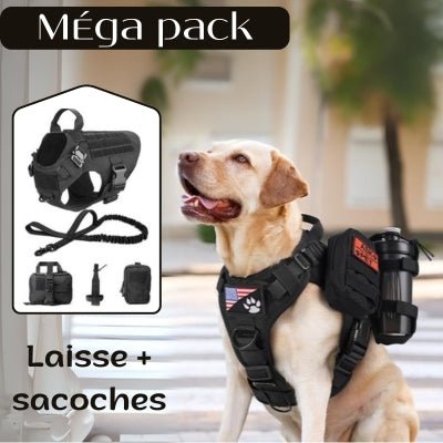 harnais tactique chien noir laisse et sacoches Méga pack